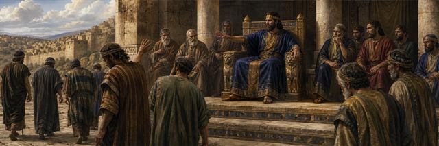 Rehoboam dismissing wise elders while representatives of Israel turn away from his throne